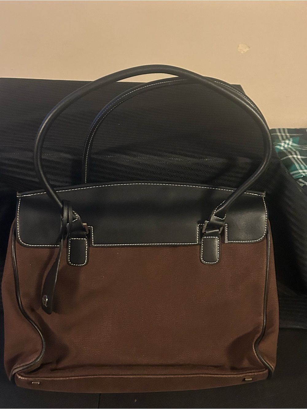 Etienne Aigner Brown & Black Canvas Structured Shoulder Bag/Purse
